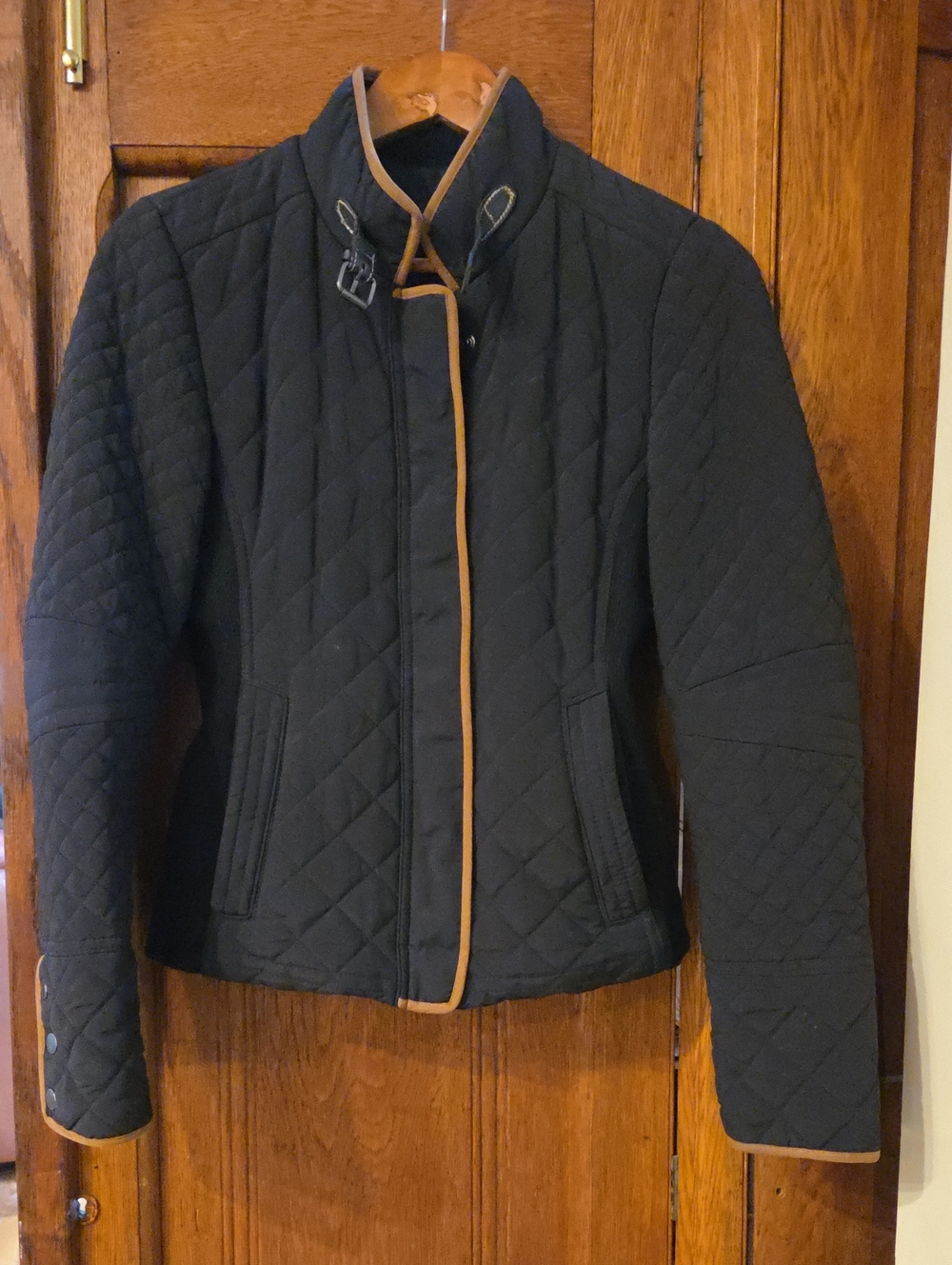 Zara Quilted Black Jacket with Tan Trim - Women's Small